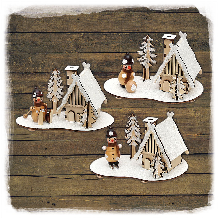 Räucherhaus mit Schneemann 15x10x9cm Holz