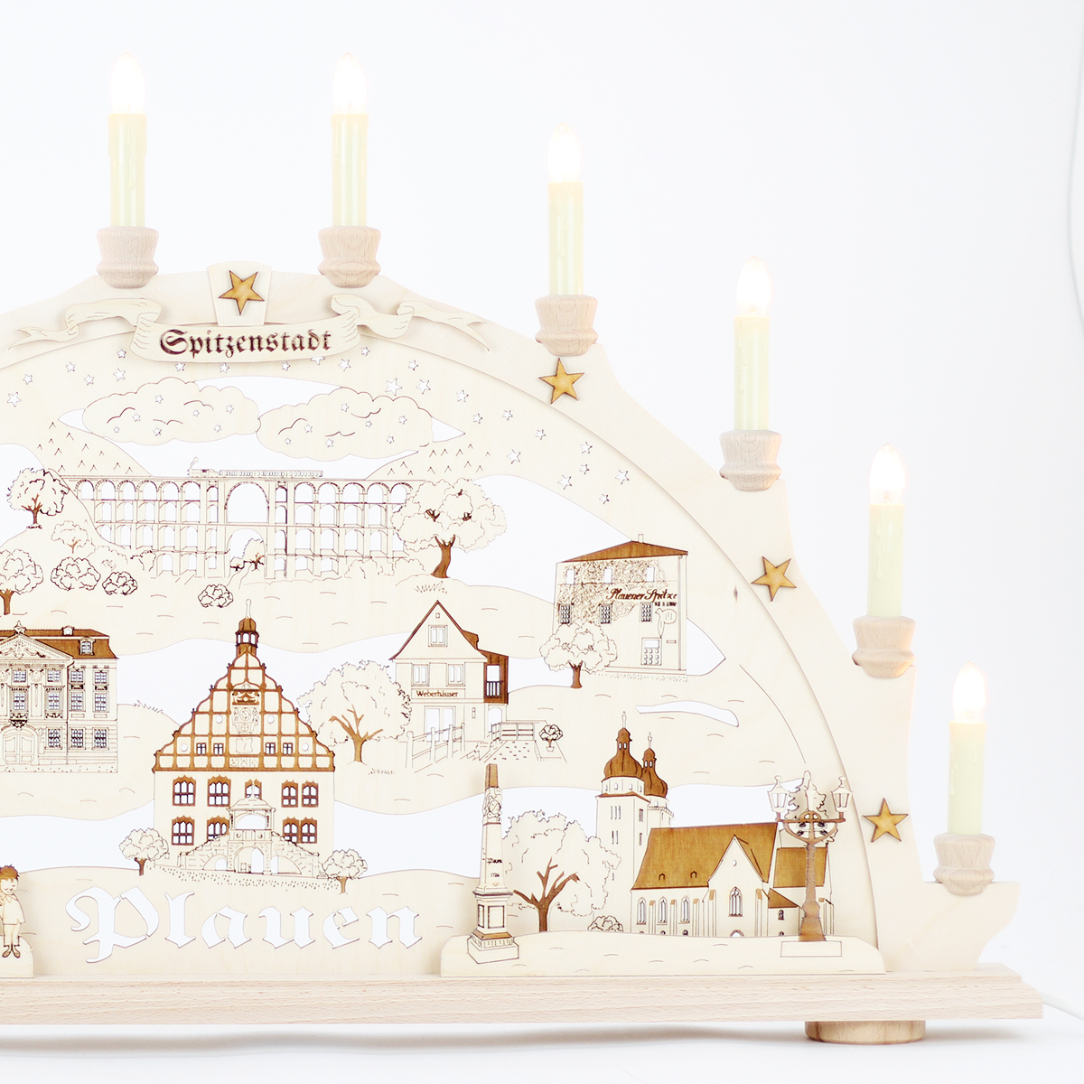 Erzgebirgs - Schwibbogen 2D 'Plauen' graviert 10 flammig (LED Optional) 66x6x44cm