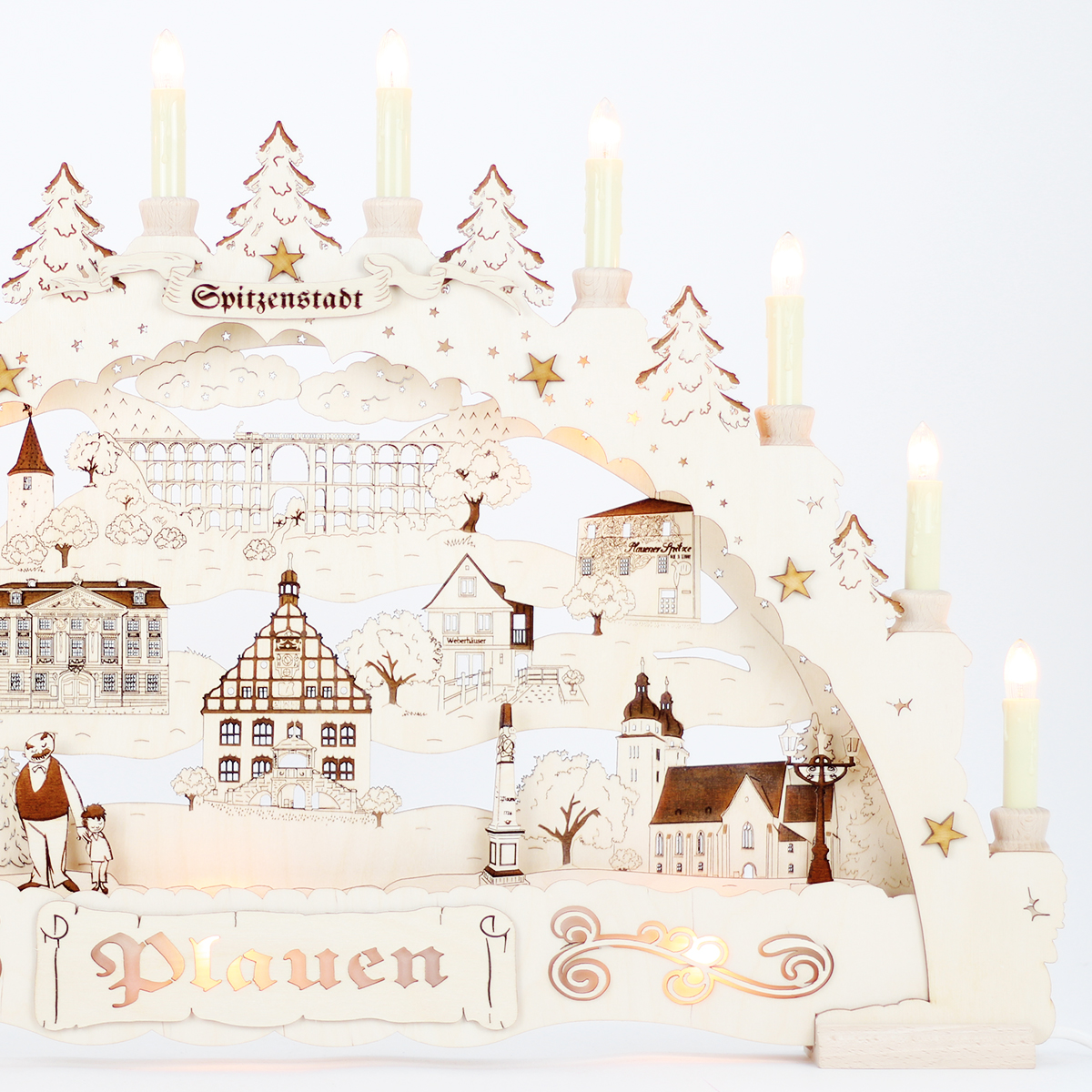 Erzgebirgs - Schwibbogen 3D 'Plauen Premium graviert' indirekt 15 flammig (LED Optional) 66x6x44cm