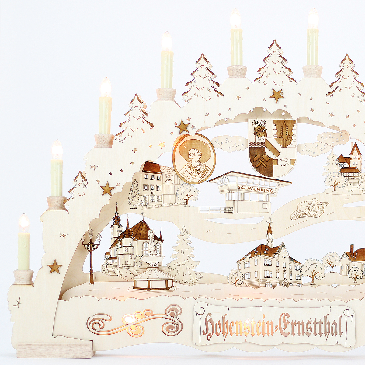 Erzgebirgs - Schwibbogen 3D 'Hohenstein-Ernstthal' Premium graviert indirekt 15 flammig (LED Optional) 66x6x44cm