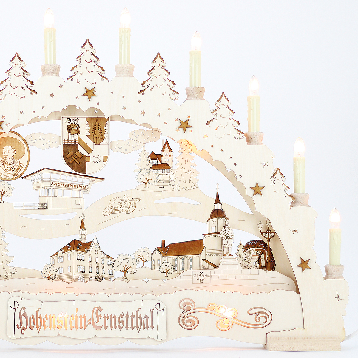 Erzgebirgs - Schwibbogen 3D 'Hohenstein-Ernstthal' Premium graviert indirekt 15 flammig (LED Optional) 66x6x44cm