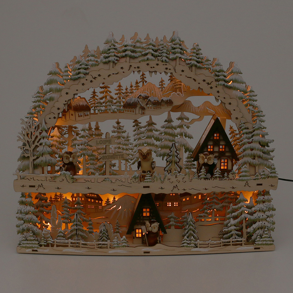Schwibbogen mit Eulen und Bank 'Winterspaß' 45cm breit