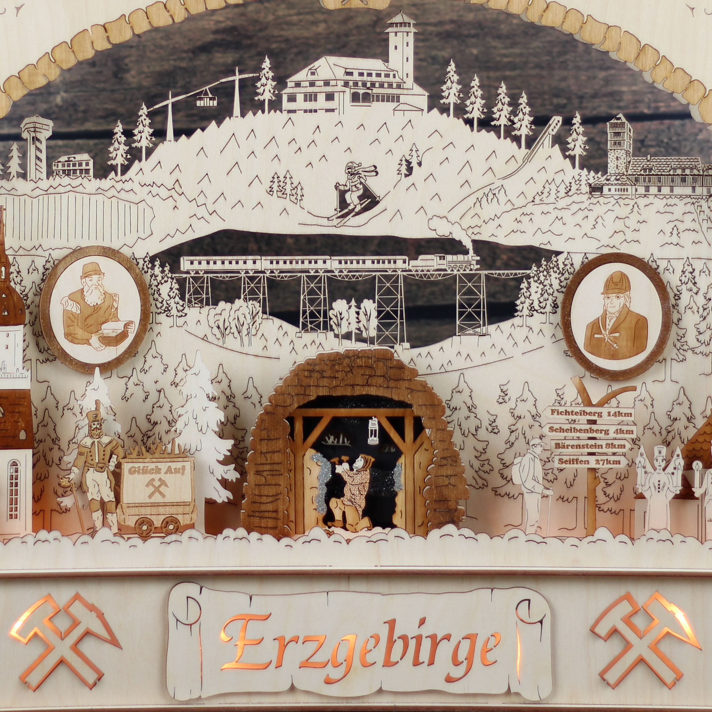 Erzgebirgs - Schwibbogen 'Parorama Erzgebirge halbrund' 17 flammig (LED Optional) 68x14,5x46cm