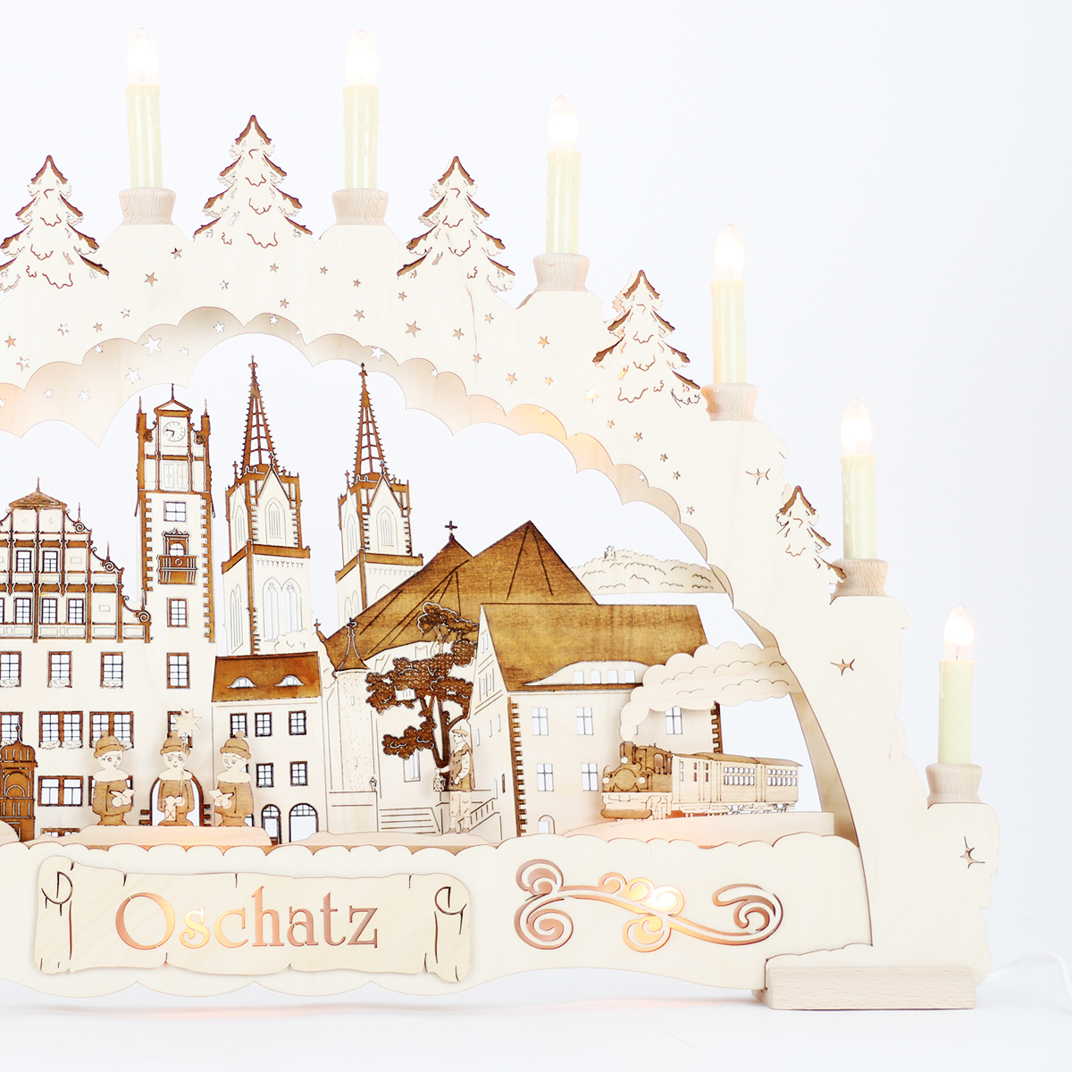 Erzgebirgs - Schwibbogen 3D 'Oschatz Premium graviert' indirekt 15 flammig (LED Optional) 66x6x44cm