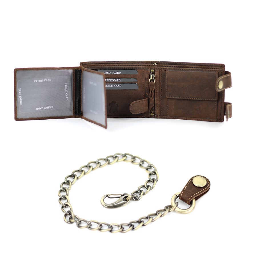 Herren Geldbörse braun aus Büffelleder Querformat mit Kette & Doppelriegel mit Druckknopf