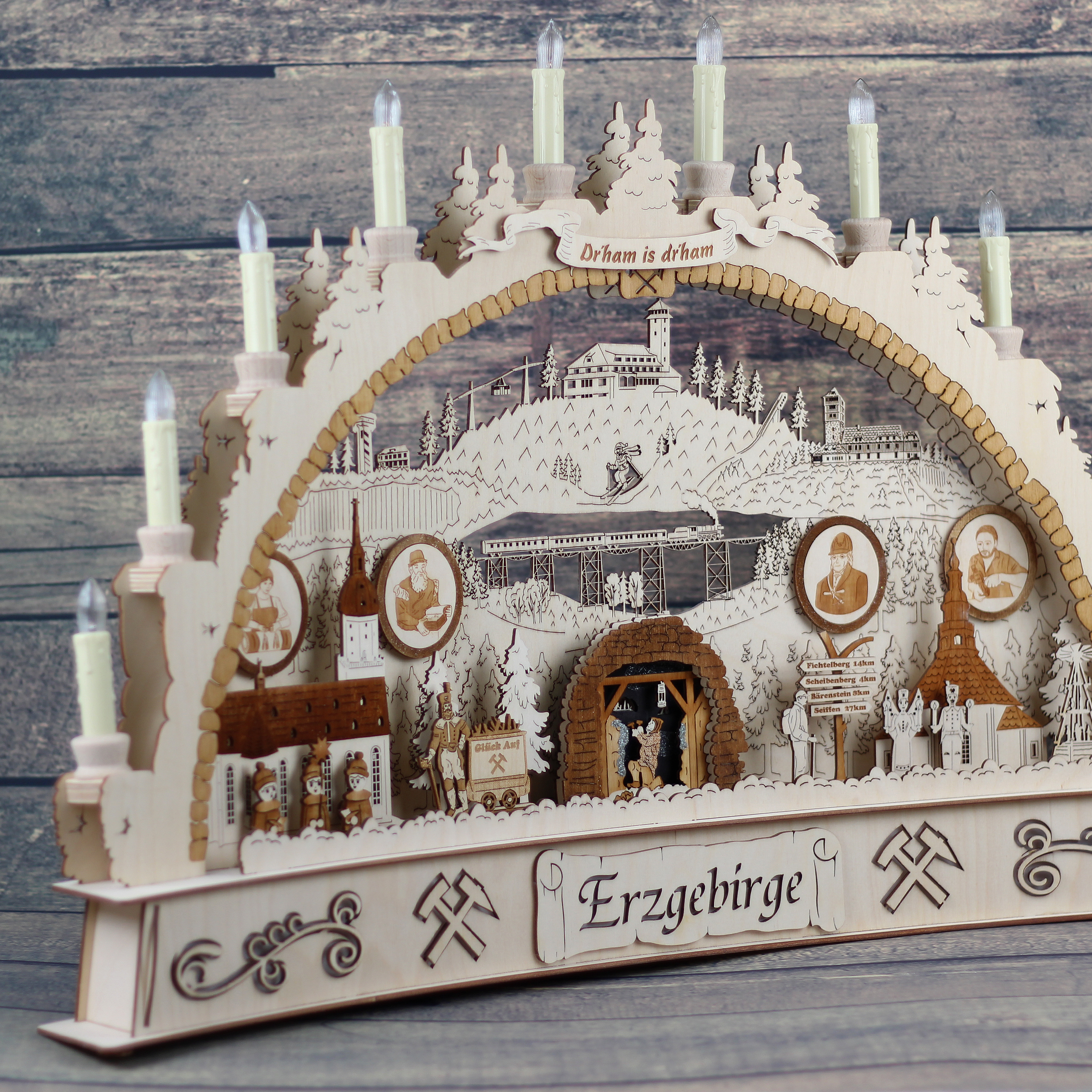 Erzgebirgs - Schwibbogen 'Parorama Erzgebirge halbrund' 17 flammig (LED Optional) 68x14,5x46cm