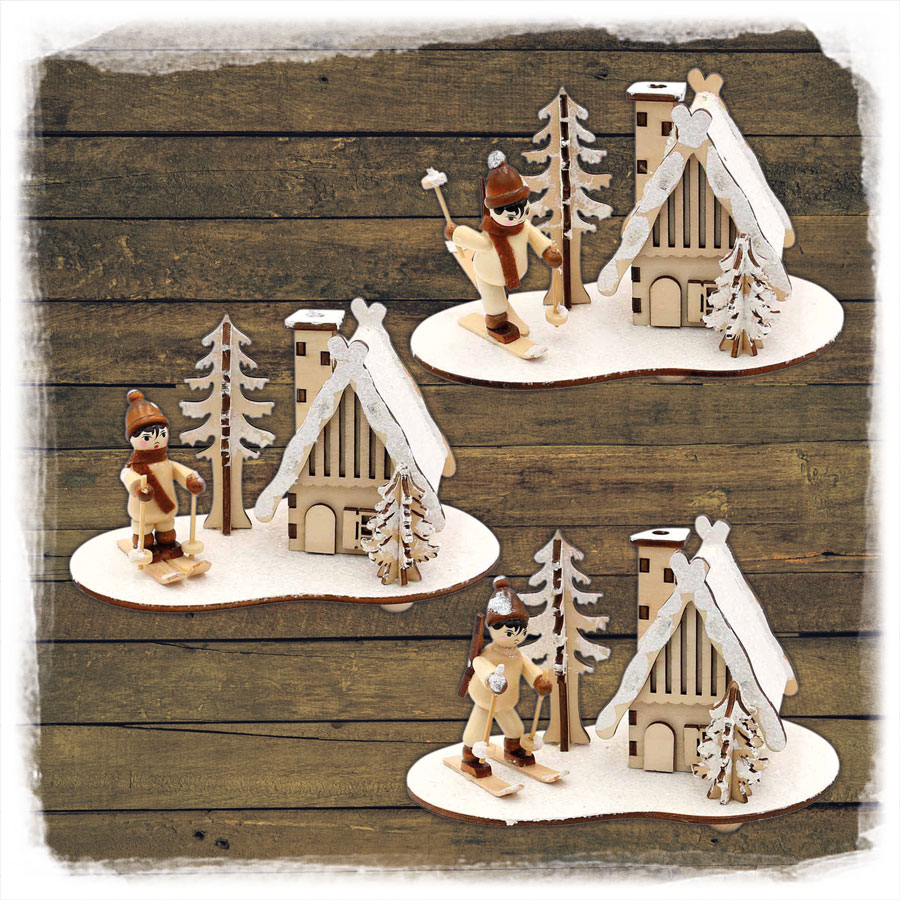 Räucherhaus  mit Wintersportlern 15x10x9cm Holz