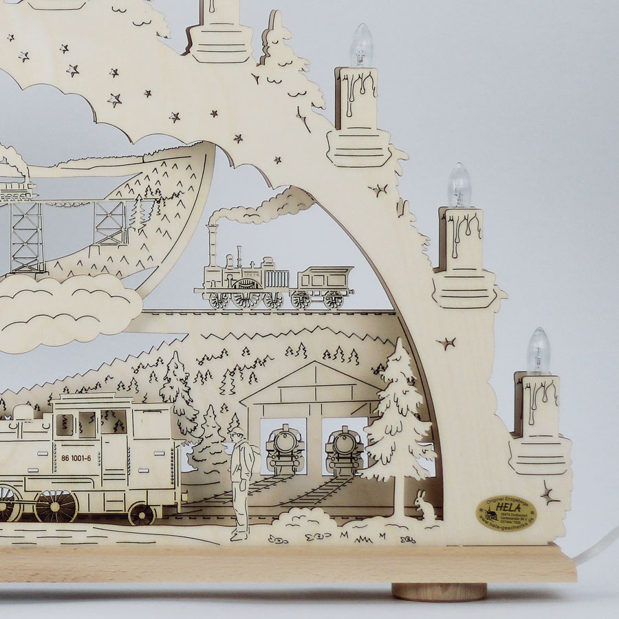 Erzgebirgs-Schwibbogen 'Eisenbahn' in 2D 10 flammig (LED Optional) 66x6x44cm