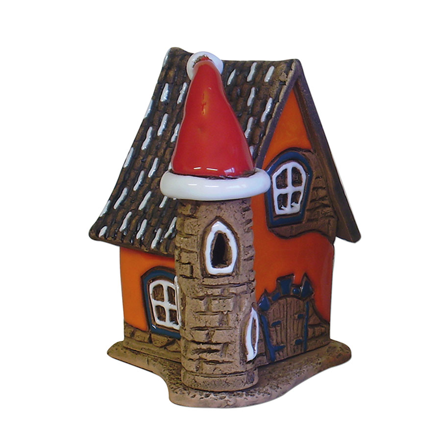 Räucherhaus Keramik mit Weihnachtsmütze 8x7,5x10cm